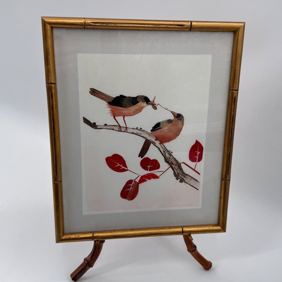 Other - Vintage Straw Art Birds Gold Bamboo Frame Handmade Natural Fiber Artwork 11x10
